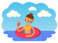Girl with a cocktail swims with an inflatable circle